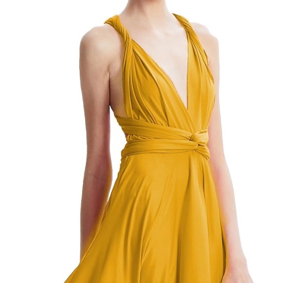 S Women Summer Vacation Halterneck Dress Waist-Hugging Ruffled Midi Skirt Yellow - Picture 4 of 16